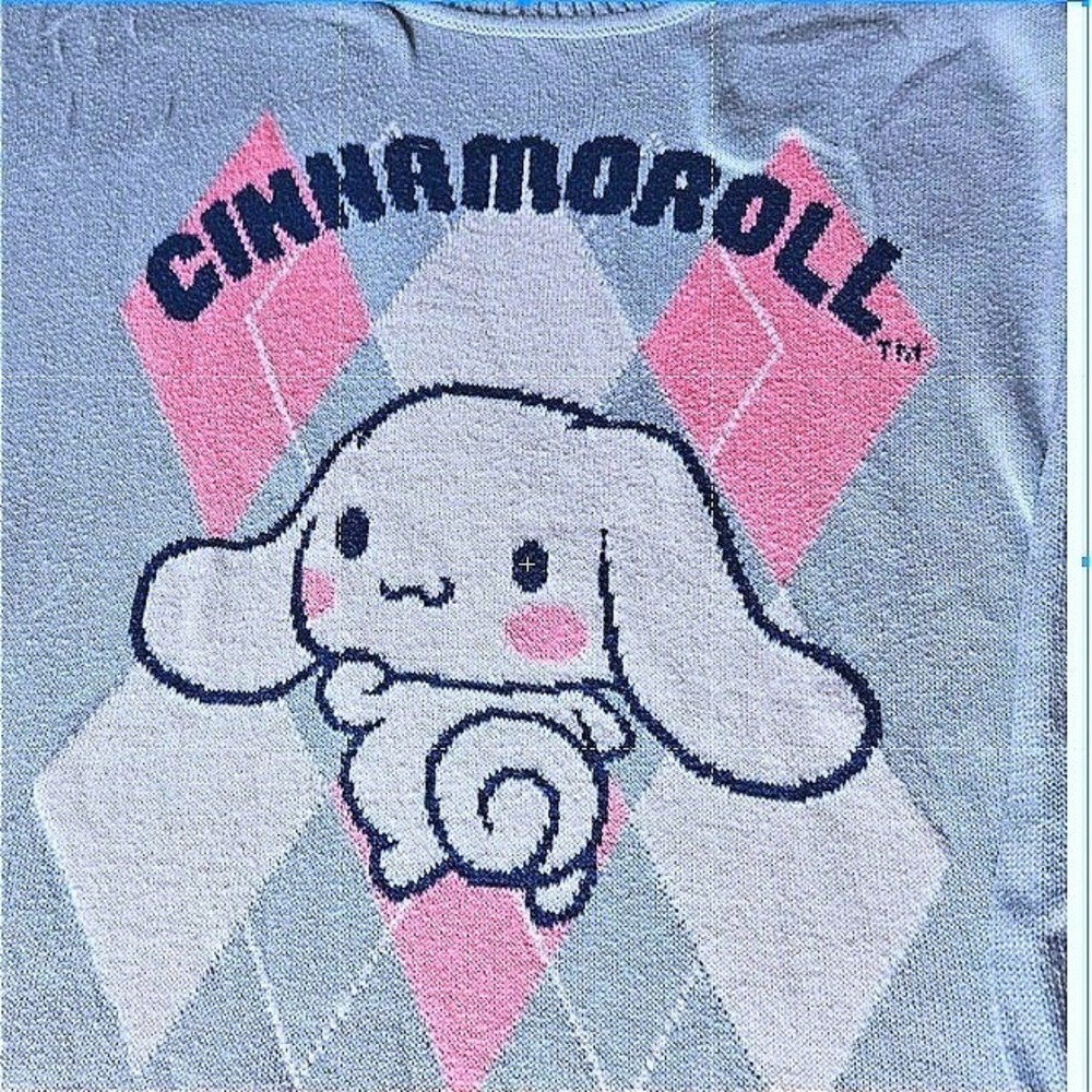 Sanrio Cinnamoroll Pull-Over Graphic Sweater XXL Argyle Pastel Baby Blue Preppy - Picture 5 of 6